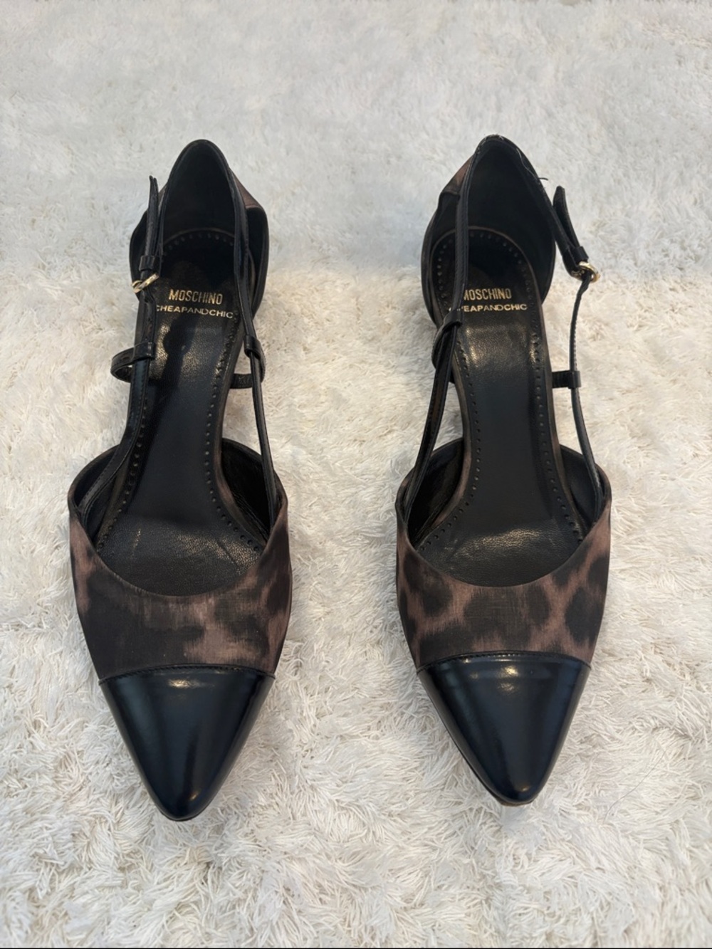 Moschino Black and Brown Leopard Print Pointed Toe Slingback Kitten Heels